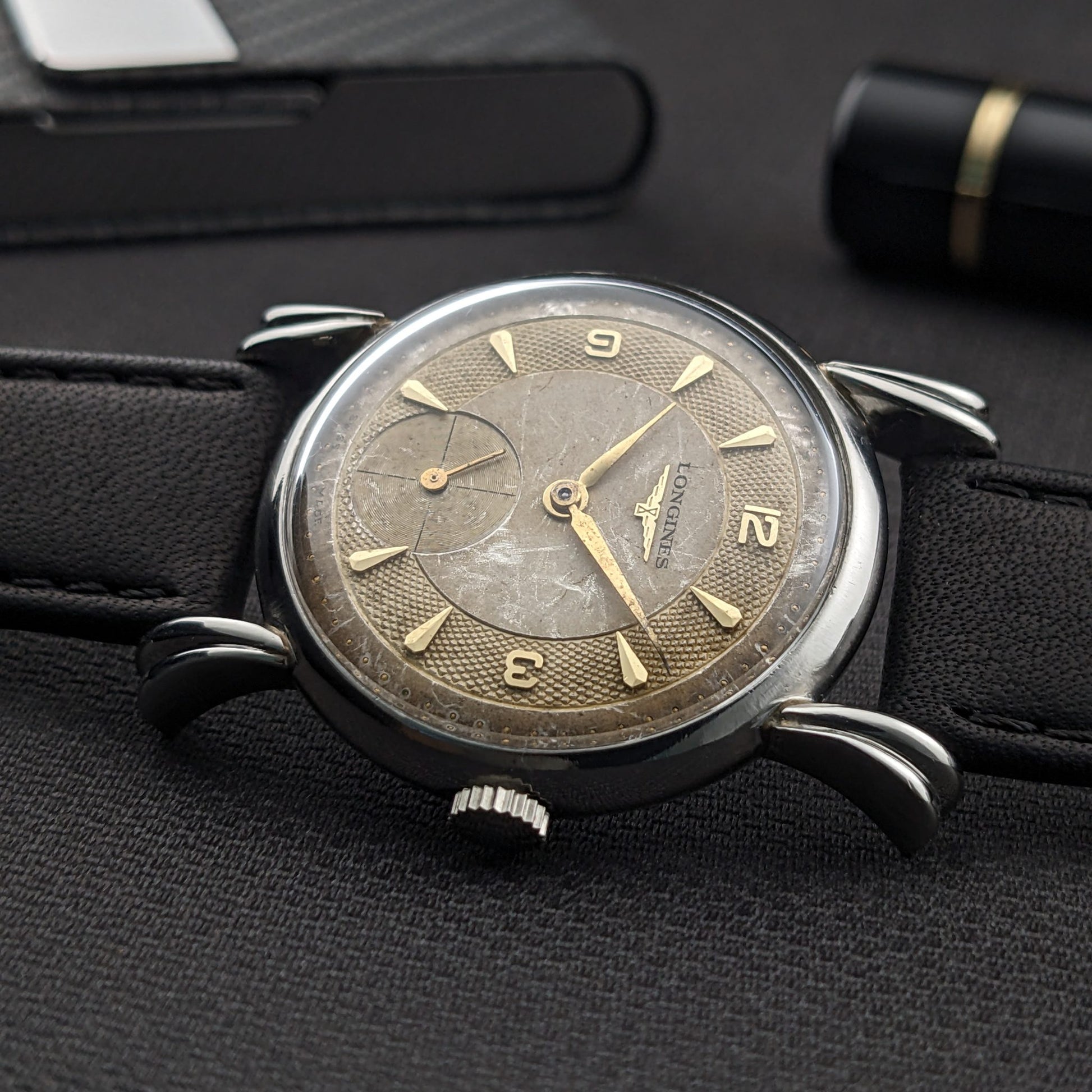Circa 75 Years Old Post War Longines rare flame-style lugs / Ref 23676 / Vintage 1949 Watch / Cal 27 M Movement / Serviced dial