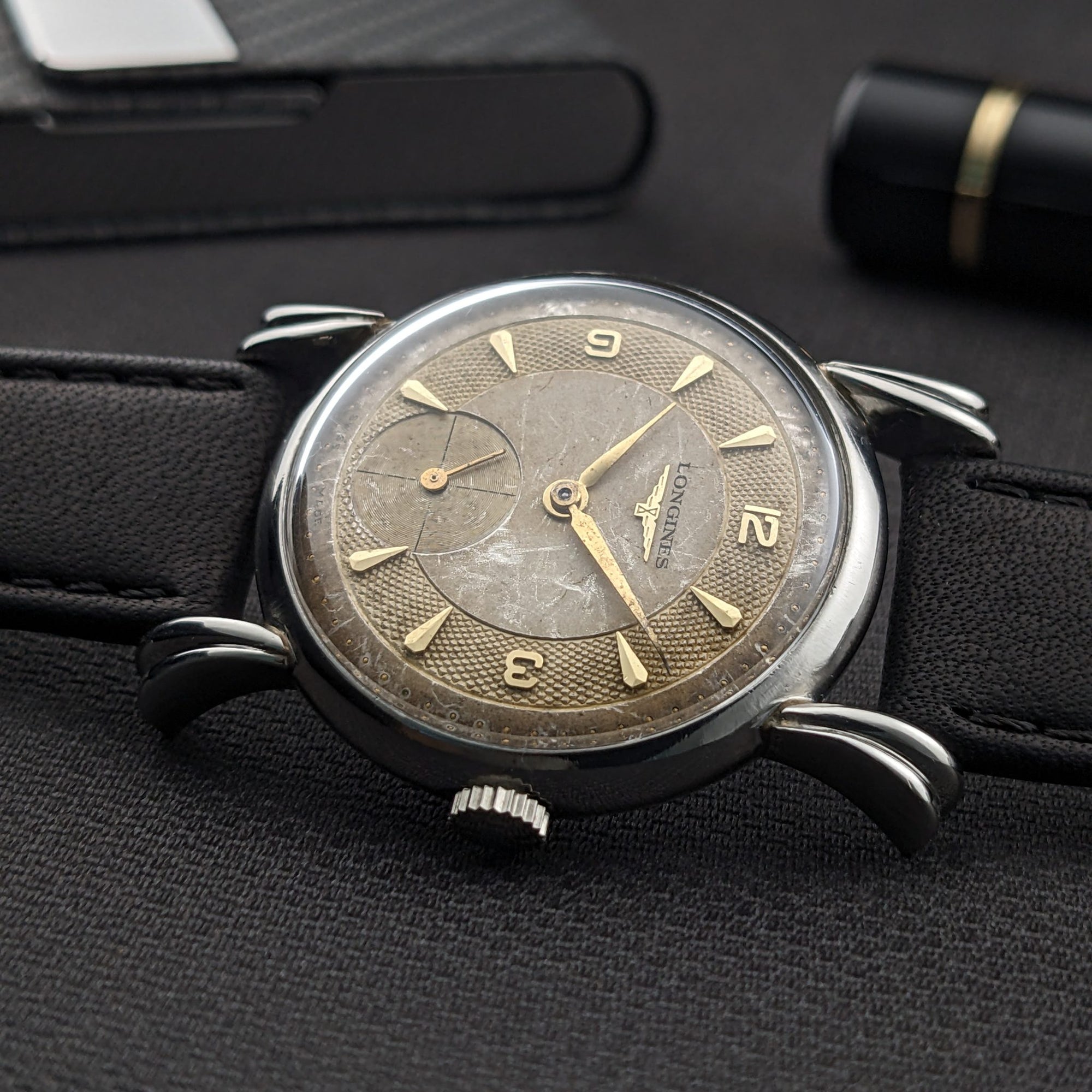 Circa 75 Years Old Post War Longines rare flame-style lugs / Ref 23676 / Vintage 1949 Watch / Cal 27 M Movement / Serviced dial