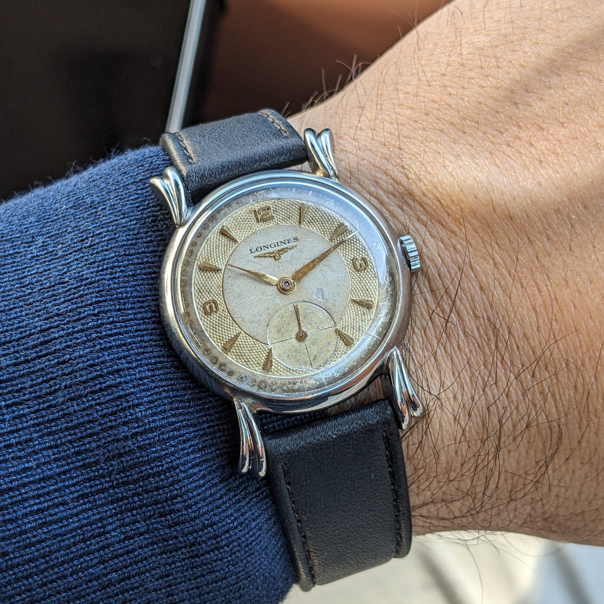 Circa 75 Years Old Post War Longines rare flame-style lugs / Ref 23676 / Vintage 1949 Watch / Cal 27 M Movement / Serviced vintage watch