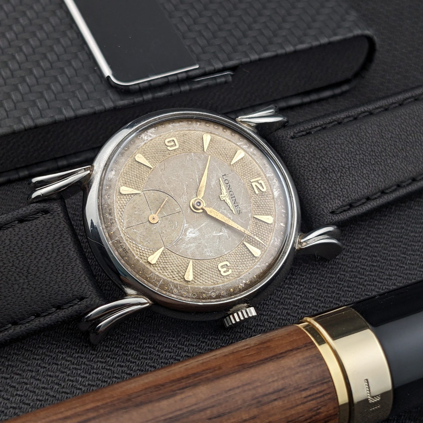 Circa 75 Years Old Post War Longines rare flame-style lugs / Ref 23676 / Vintage 1949 Watch / Cal 27 M Movement / Serviced vintage watch