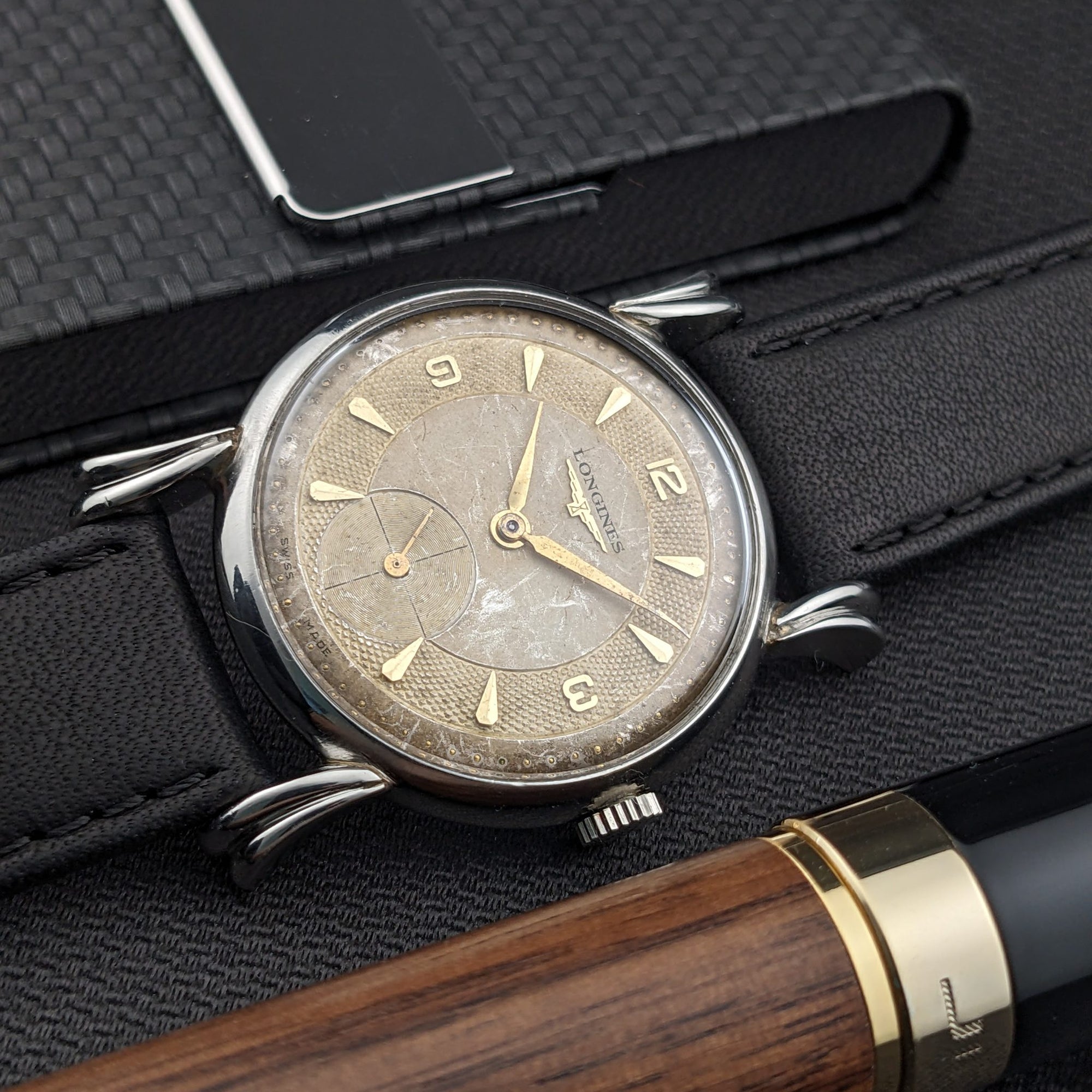 Circa 75 Years Old Post War Longines rare flame-style lugs / Ref 23676 / Vintage 1949 Watch / Cal 27 M Movement / Serviced vintage watch