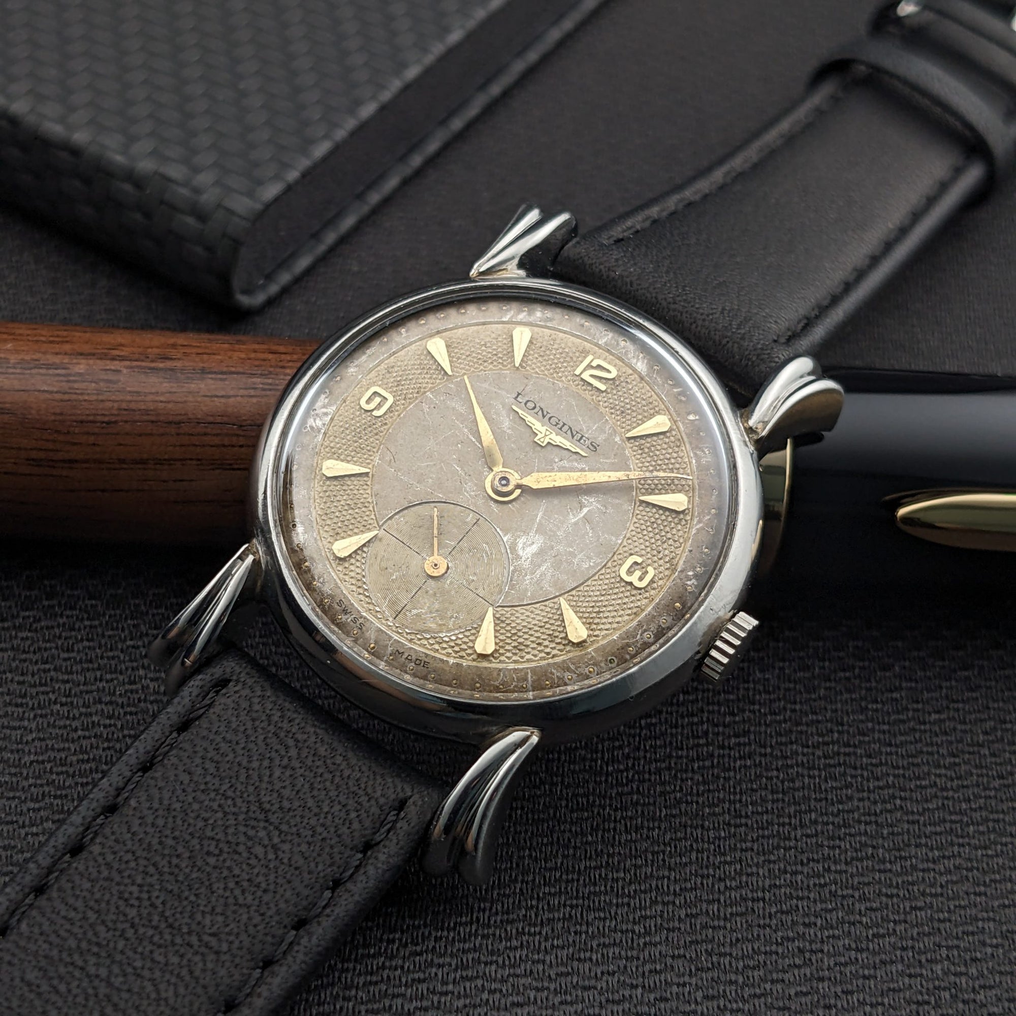 Circa 75 Years Old Post War Longines rare flame-style lugs / Ref 23676 / Vintage 1949 Watch / Cal 27 M Movement / Serviced vintage watch