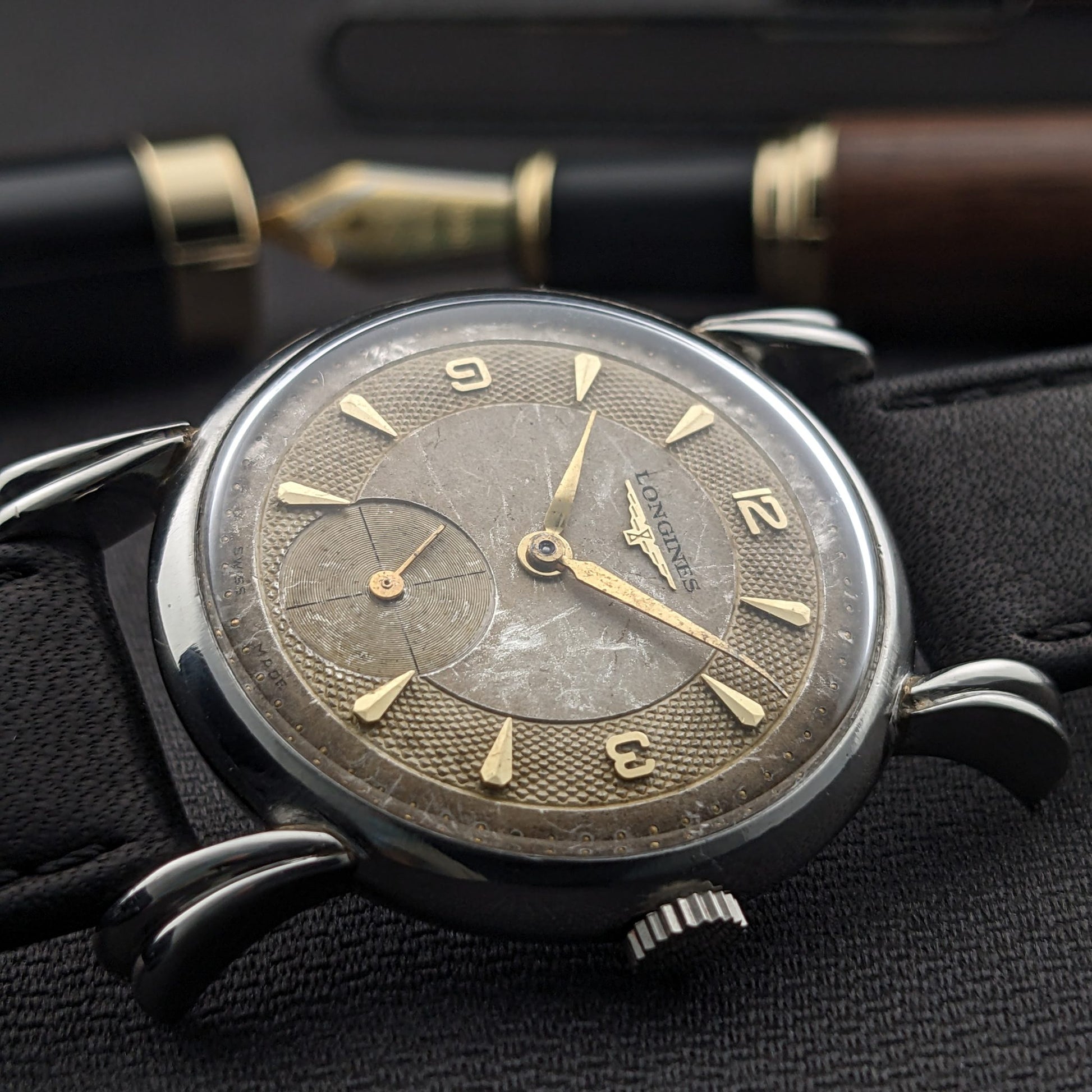 Circa 75 Years Old Post War Longines rare flame-style lugs / Ref 23676 / Vintage 1949 Watch / Cal 27 M Movement / Serviced vintage watch