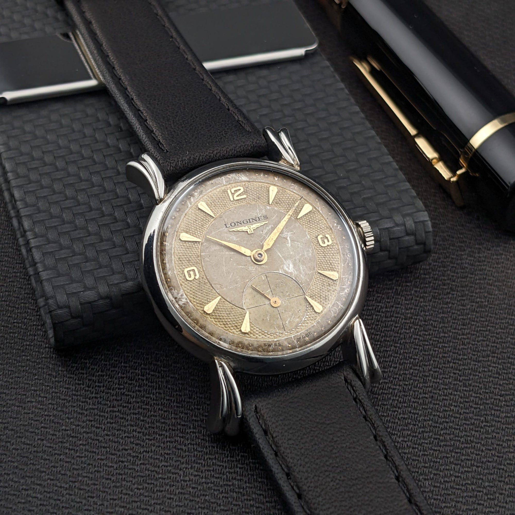 Circa 75 Years Old Post War Longines rare flame-style lugs / Ref 23676 / Vintage 1949 Watch / Cal 27 M Movement / Serviced vintage watch