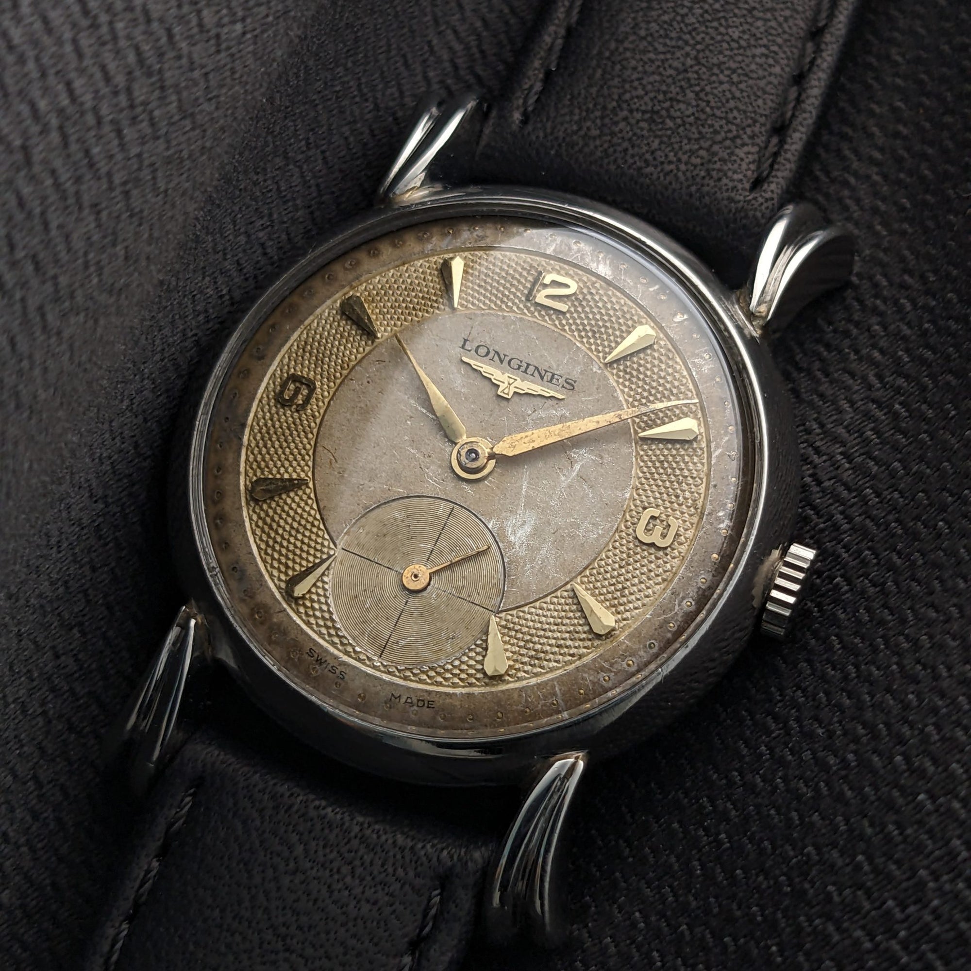 Circa 75 Years Old Post War Longines rare flame-style lugs / Ref 23676 / Vintage 1949 Watch / Cal 27 M Movement / Serviced vintage watch