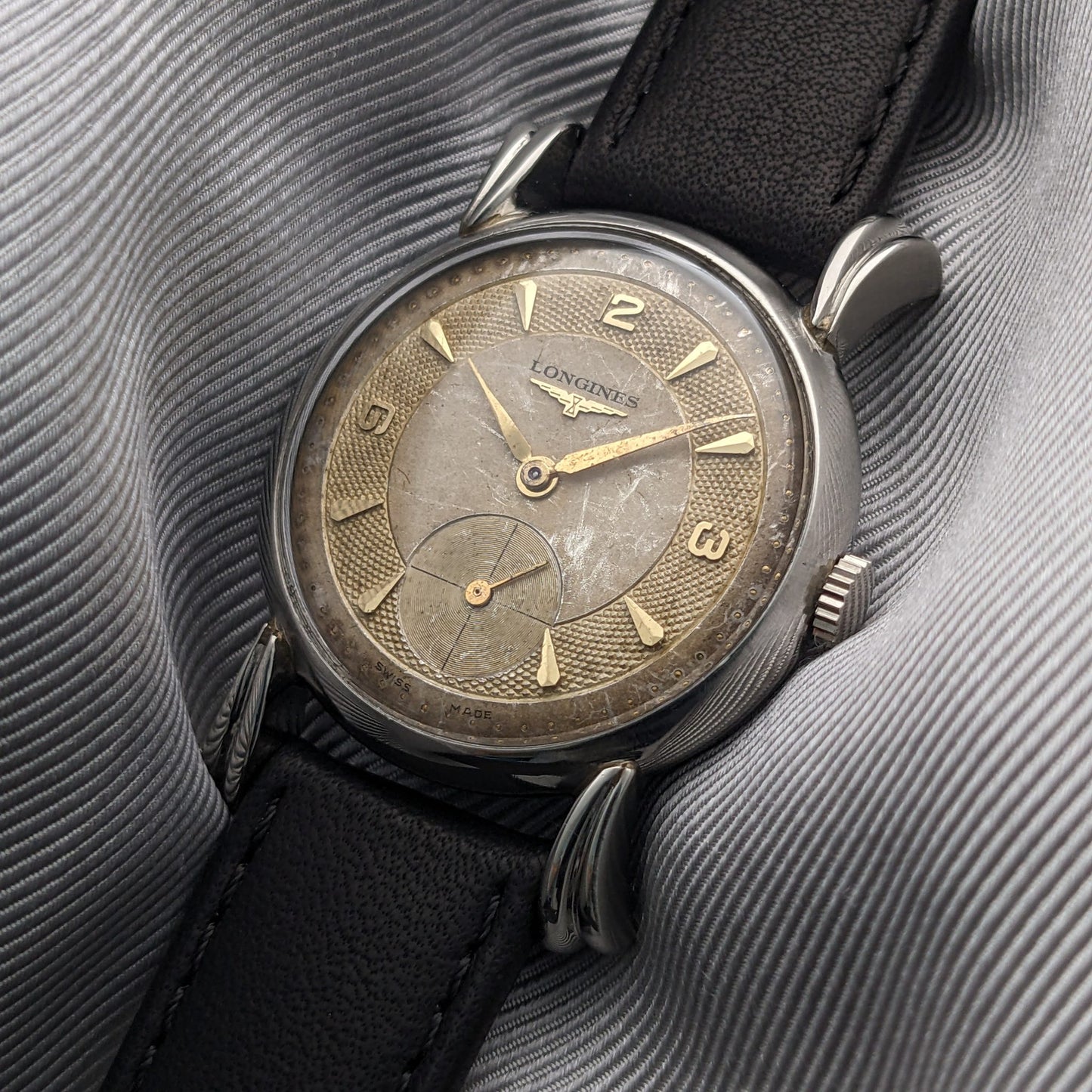 Circa 75 Years Old Post War Longines rare flame-style lugs / Ref 23676 / Vintage 1949 Watch / Cal 27 M Movement / Serviced vintage watch