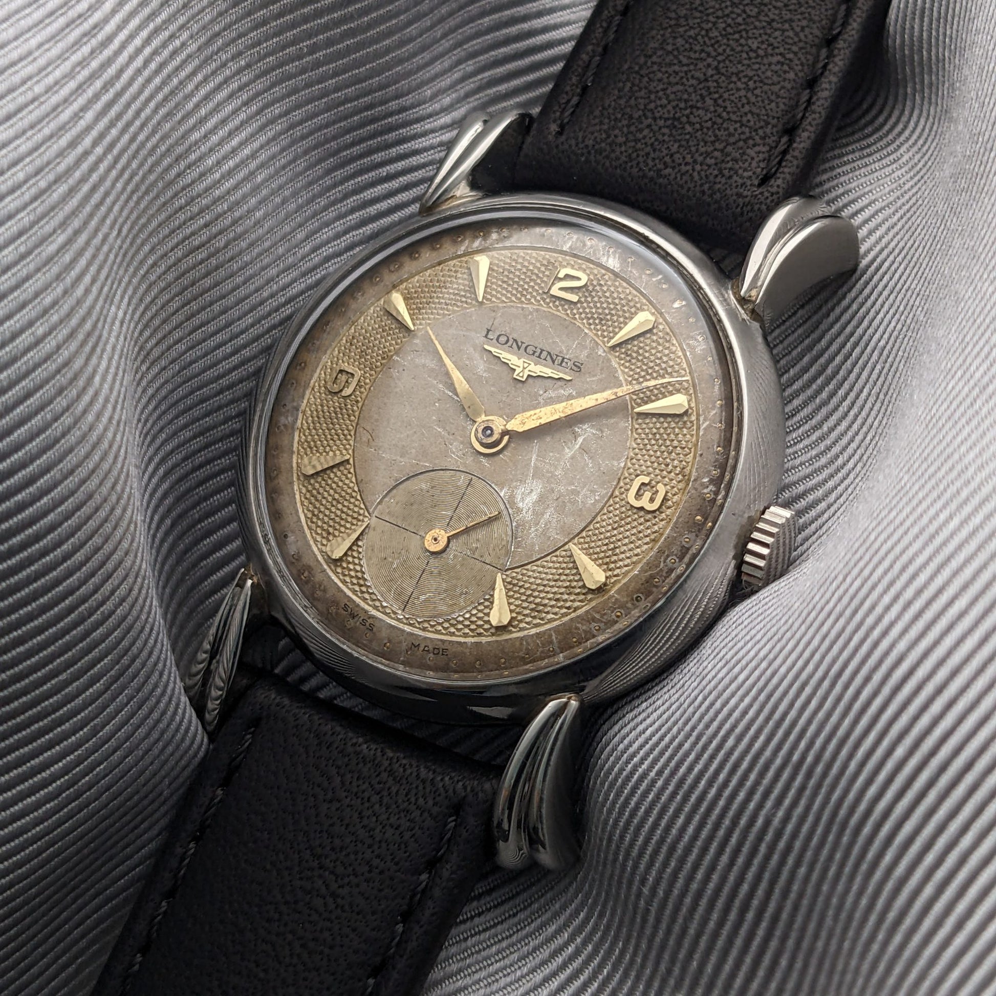 Circa 75 Years Old Post War Longines rare flame-style lugs / Ref 23676 / Vintage 1949 Watch / Cal 27 M Movement / Serviced vintage watch