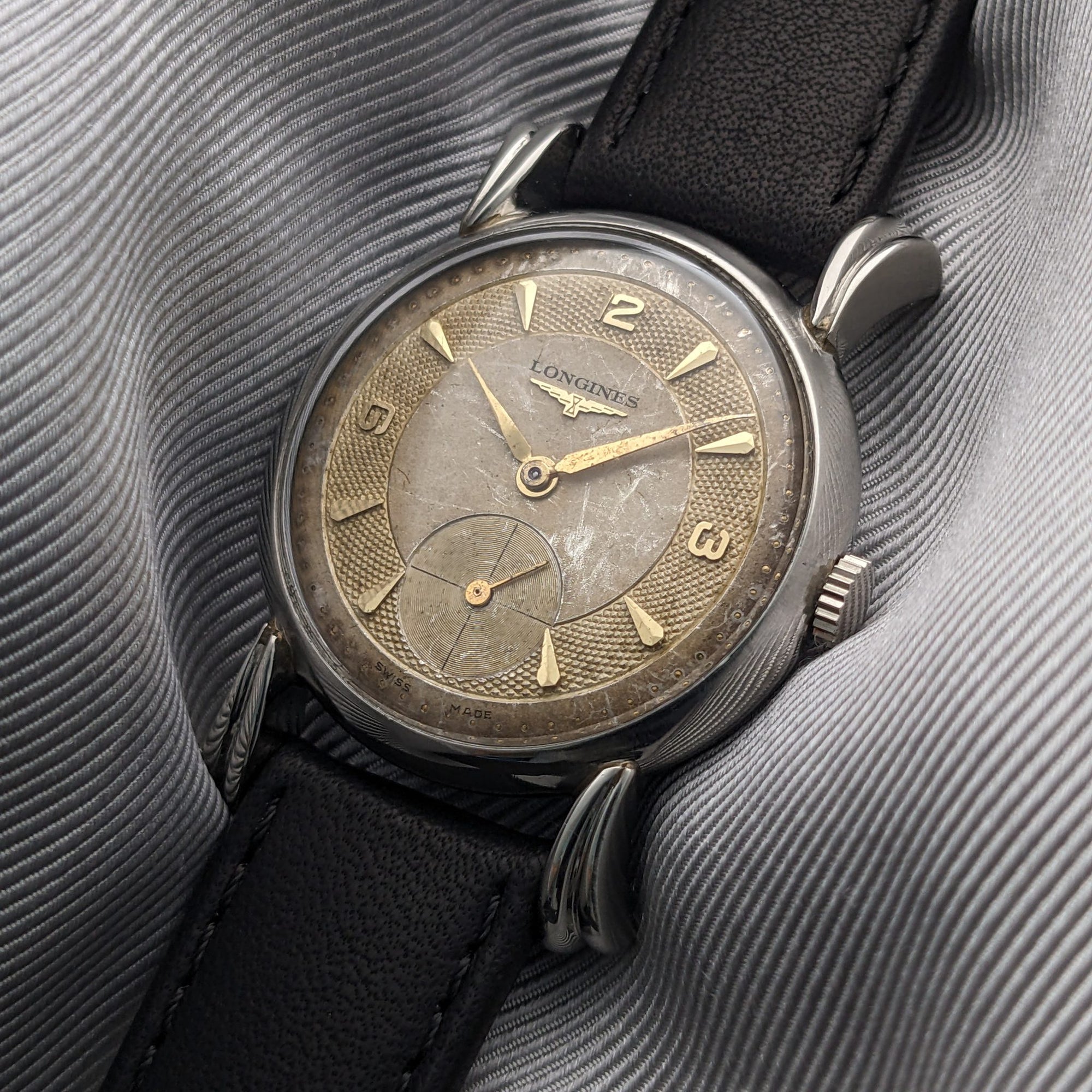 Circa 75 Years Old Post War Longines rare flame-style lugs / Ref 23676 / Vintage 1949 Watch / Cal 27 M Movement / Serviced vintage watch