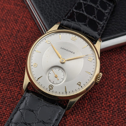 Circa 80 Years Old post-war Longines 14ct Gold Classic / Vintage 1940s Watch / Cal 12.68Z Movement / Serviced dial