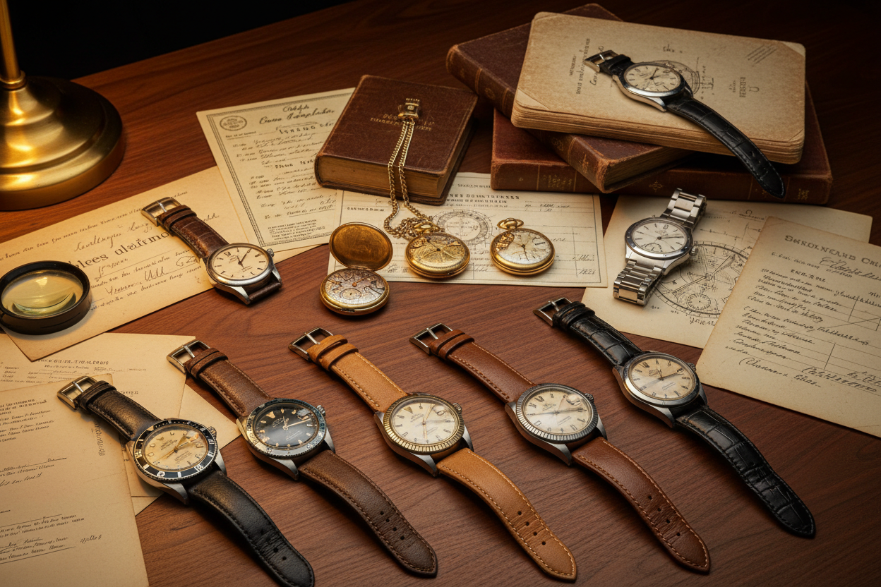 vintage-rolex-omega and other swiss brands watches and wristwatches and watch-documents-and-vintage-wristwatches-and-pocket-watches-books-on-the-desk-16-9

