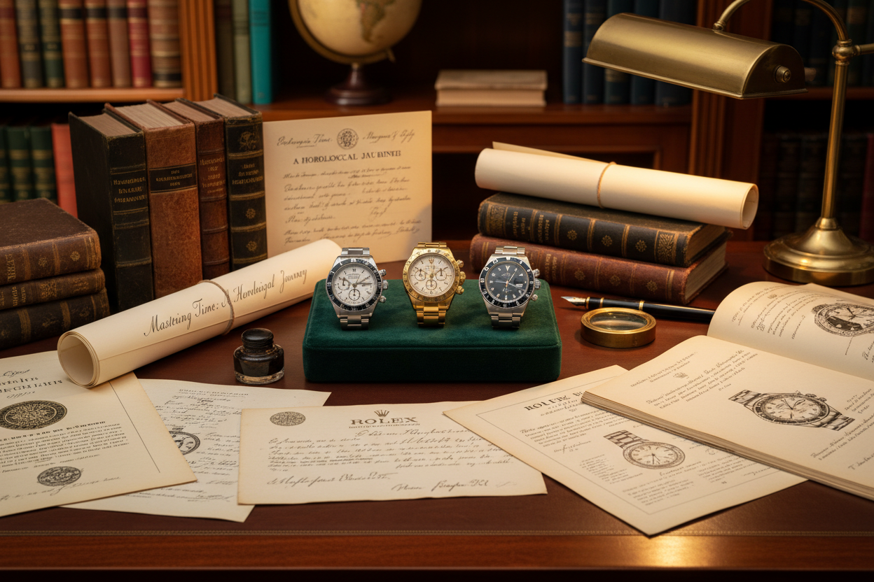vintage-rolex-watch-documents-and-books-and- watches-on-the-desk-16-9

