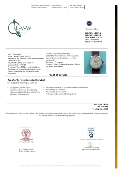 RARE 1950s Zenith Sporto | Cal. 40 | Rare Patented Transparent Dust Cover| Serviced